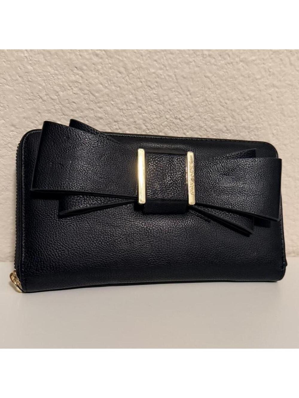 Betsey Johnson Black Bow Zip Around Wallet | Pink Interior | Faux Leather